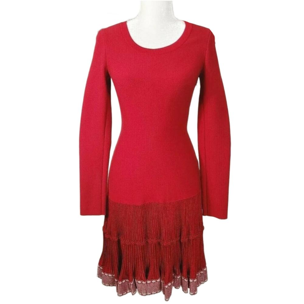 Alaia Knit Long Sleeve Flare Pleated Dress Red $4200 Sz 40 US 8